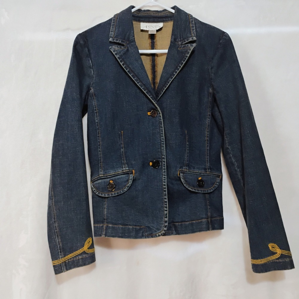 Vtg Casual Corner Womens Small Dark Wash‎ Stretch Denim Jacket Embroidered Y2K N